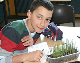 Mert, Kinderstudent aus der Klasse 5b, dokumentiert im Rahmen seines Projekts akribisch das Wachstum von Getreide 
